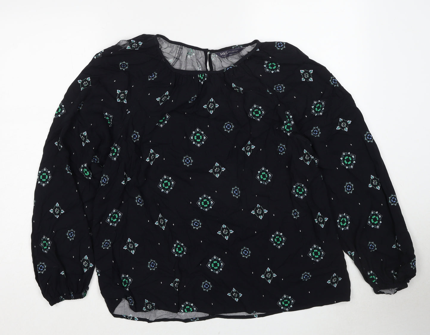 Marks and Spencer Womens Black Geometric Polyester Basic Blouse Size 14 Round Neck