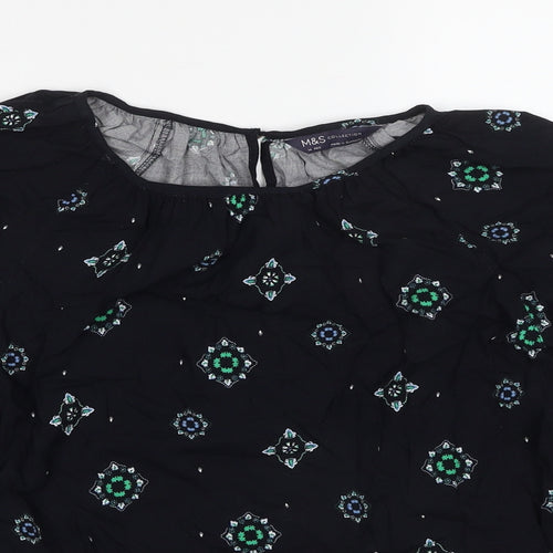 Marks and Spencer Womens Black Geometric Polyester Basic Blouse Size 14 Round Neck