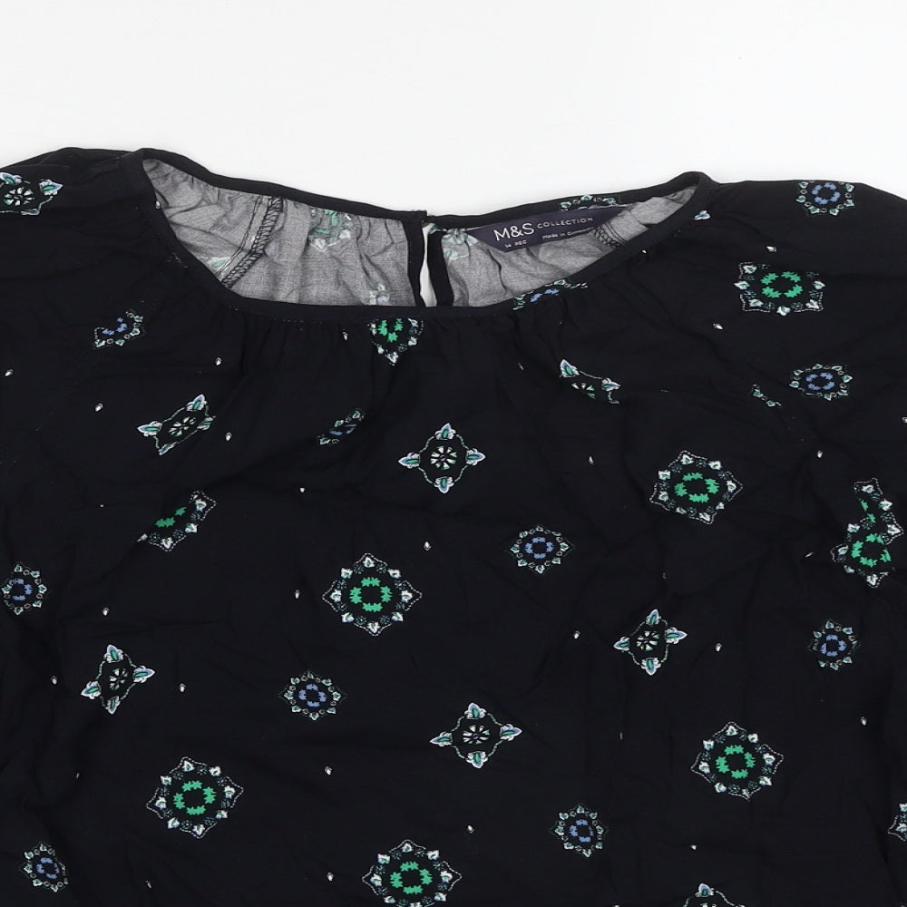 Marks and Spencer Womens Black Geometric Polyester Basic Blouse Size 14 Round Neck