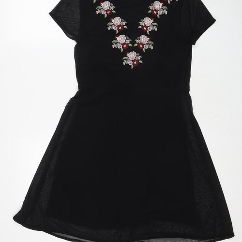 New Look Womens Black Polyester A-Line Size 14 Round Neck Zip - Flower Detail