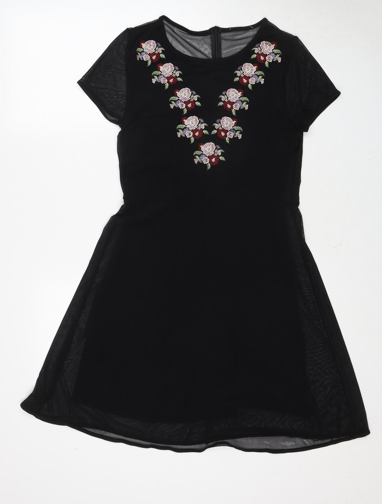 New Look Womens Black Polyester A-Line Size 14 Round Neck Zip - Flower Detail