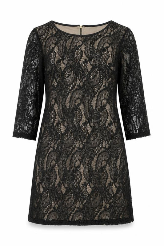 Front view of First Avenue women’s black geometric polyester a-line, size UK 10, round neck zip