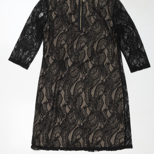 First Avenue Womens Black Geometric Polyester A-Line Size 10 Round Neck Zip