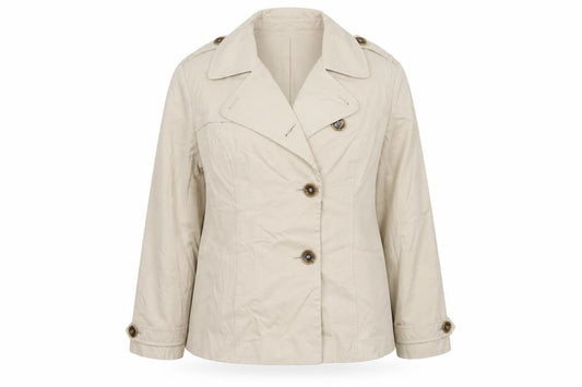 Front view of Autonomy women’s beige jacket, size UK 16, button