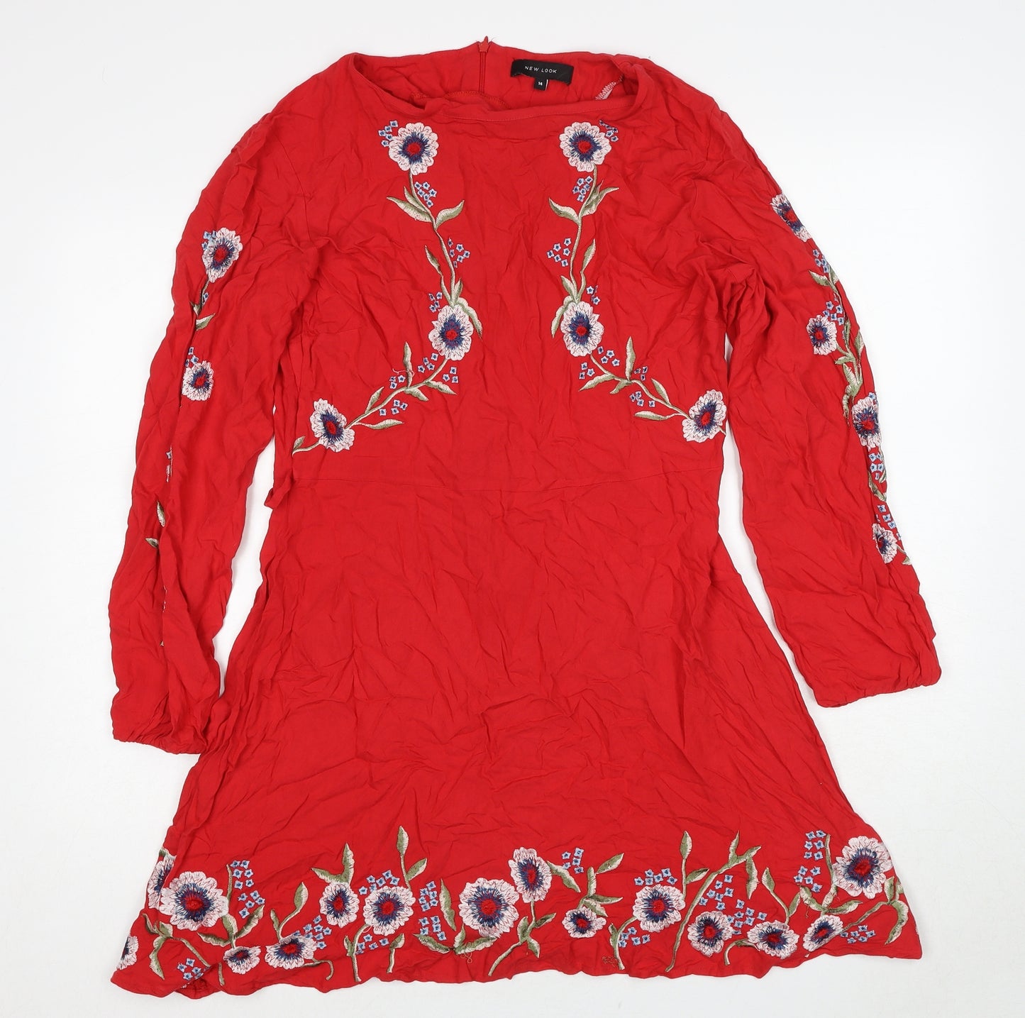 New Look Womens Red Floral Viscose A-Line Size 14 Round Neck Zip