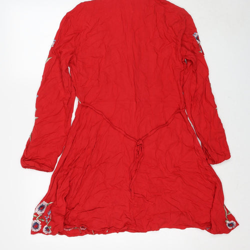 New Look Womens Red Floral Viscose A-Line Size 14 Round Neck Zip