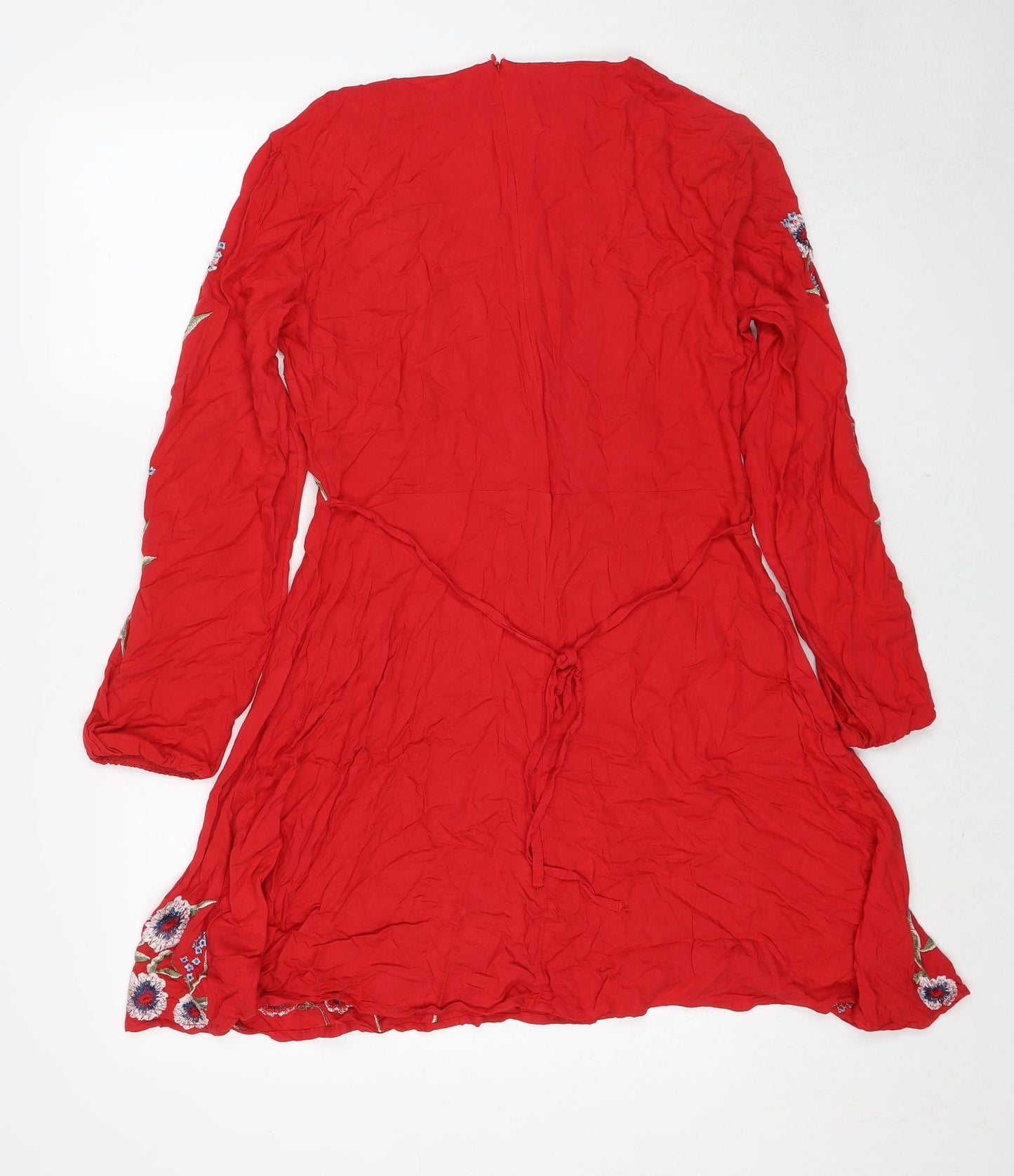 New Look Womens Red Floral Viscose A-Line Size 14 Round Neck Zip