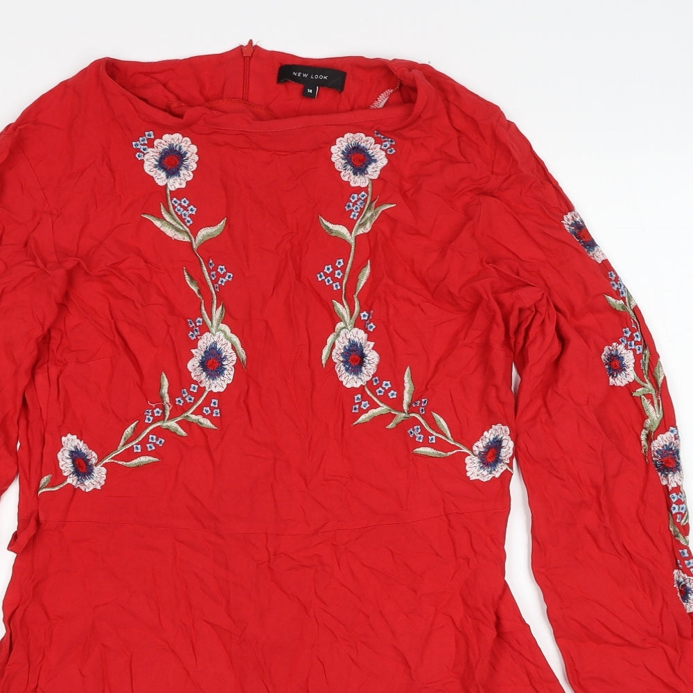 New Look Womens Red Floral Viscose A-Line Size 14 Round Neck Zip