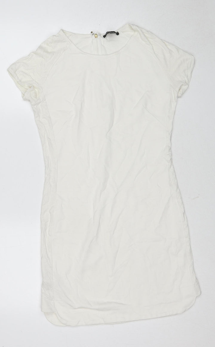 Mango Womens White Viscose A-Line Size S Round Neck Zip