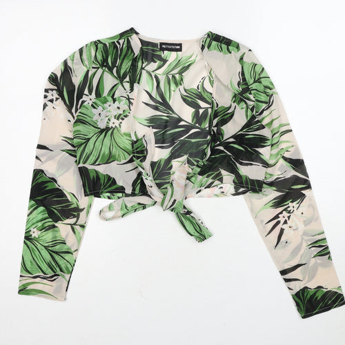PRETTYLITTLETHING Womens Multicoloured Geometric Polyester Cropped Blouse Size 8 V-Neck - Leaf Pattern