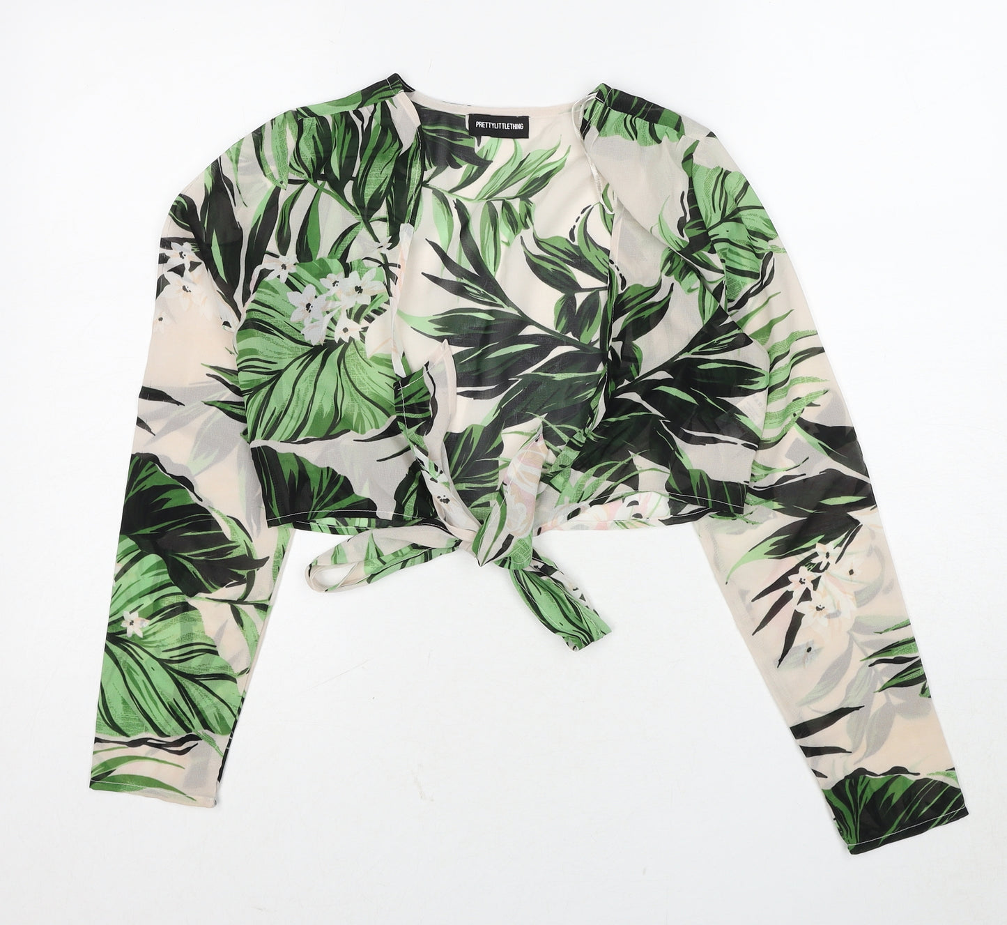 PRETTYLITTLETHING Womens Multicoloured Geometric Polyester Cropped Blouse Size 8 V-Neck - Leaf Pattern