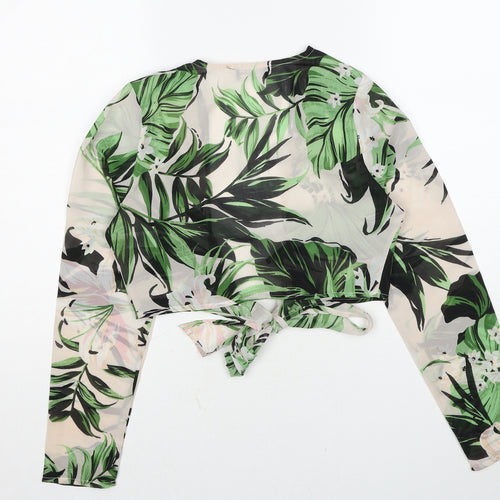 PRETTYLITTLETHING Womens Multicoloured Geometric Polyester Cropped Blouse Size 8 V-Neck - Leaf Pattern