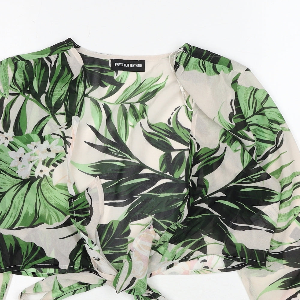 PRETTYLITTLETHING Womens Multicoloured Geometric Polyester Cropped Blouse Size 8 V-Neck - Leaf Pattern