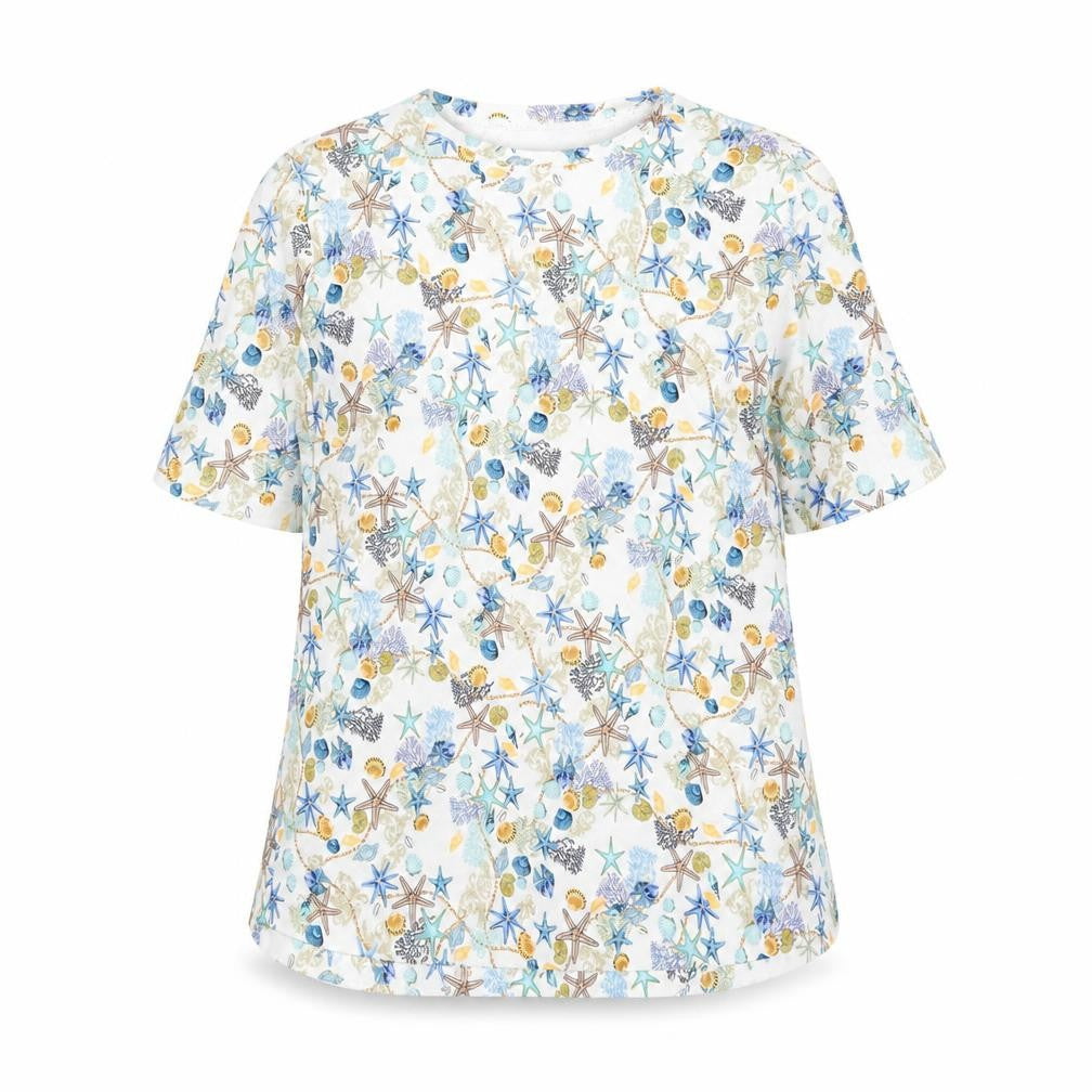Country Collection Womens Multicoloured Geometric Cotton Basic Blouse Size XS Round Neck - Starfish and Seashells Print