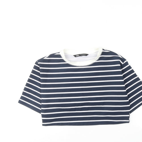 Zara Womens Blue Striped Polyester Cropped T-Shirt Size M Round Neck
