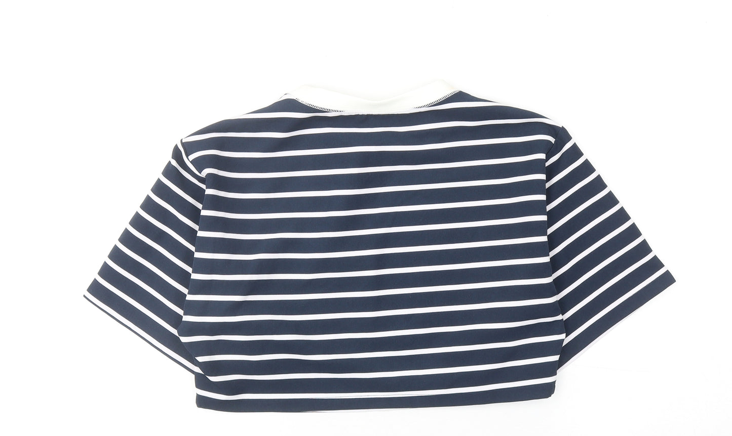 Zara Womens Blue Striped Polyester Cropped T-Shirt Size M Round Neck