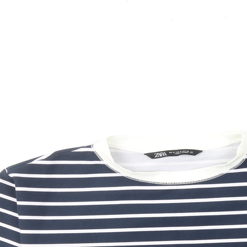 Zara Womens Blue Striped Polyester Cropped T-Shirt Size M Round Neck
