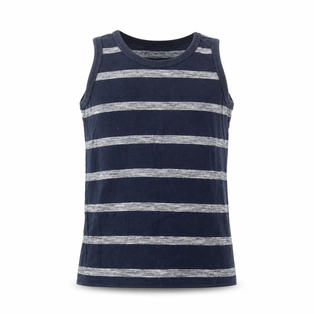 Front view of Next boys’ blue striped cotton basic tank, size 6, years round neck pullover