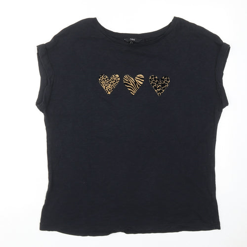 NEXT Womens Black Cotton Basic T-Shirt Size 16 Round Neck - Heart Print