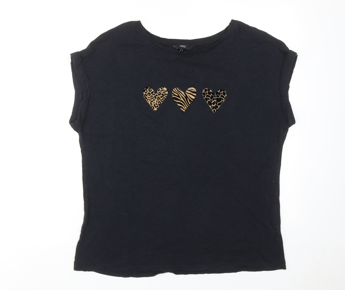 NEXT Womens Black Cotton Basic T-Shirt Size 16 Round Neck - Heart Print