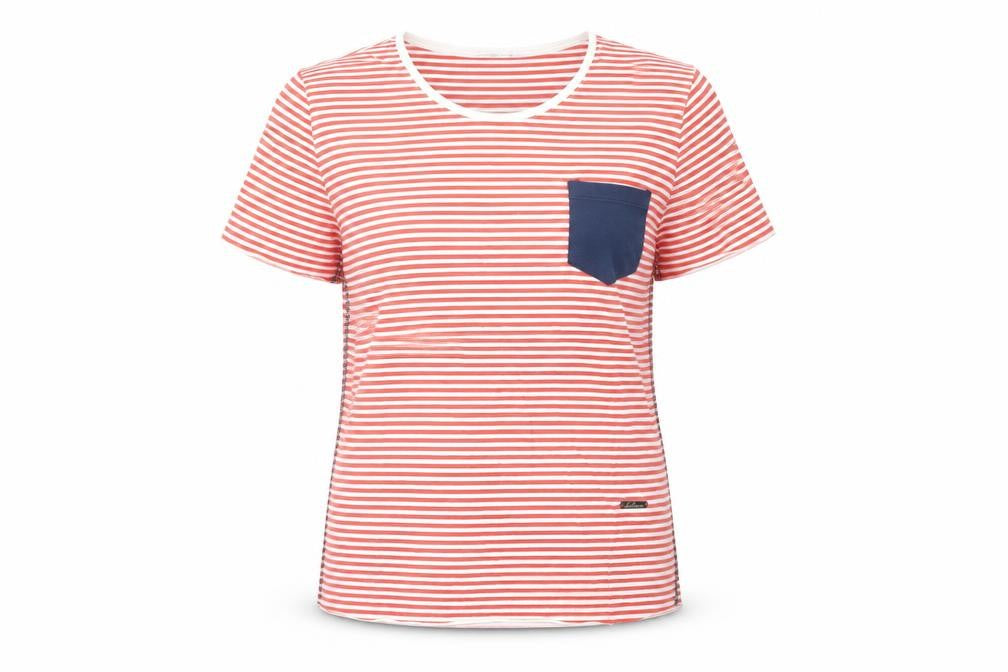 Front view of Gabbiano women’s red striped cotton basic t-shirt, size S, round neck