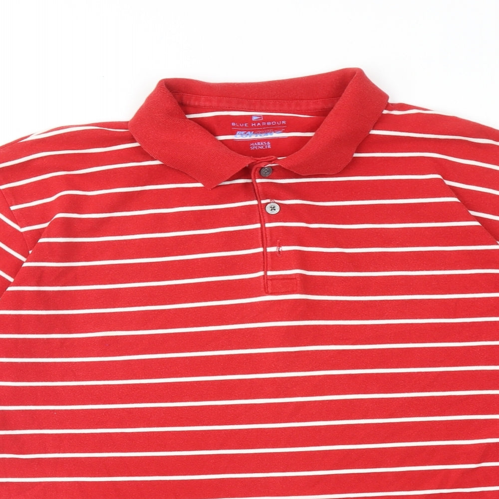 Marks and Spencer Mens Red Striped Cotton Polo Size 2XL Collared Button