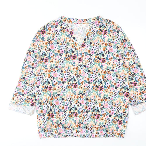 Cotton Traders Womens Multicoloured Floral Cotton Basic T-Shirt Size 14 V-Neck