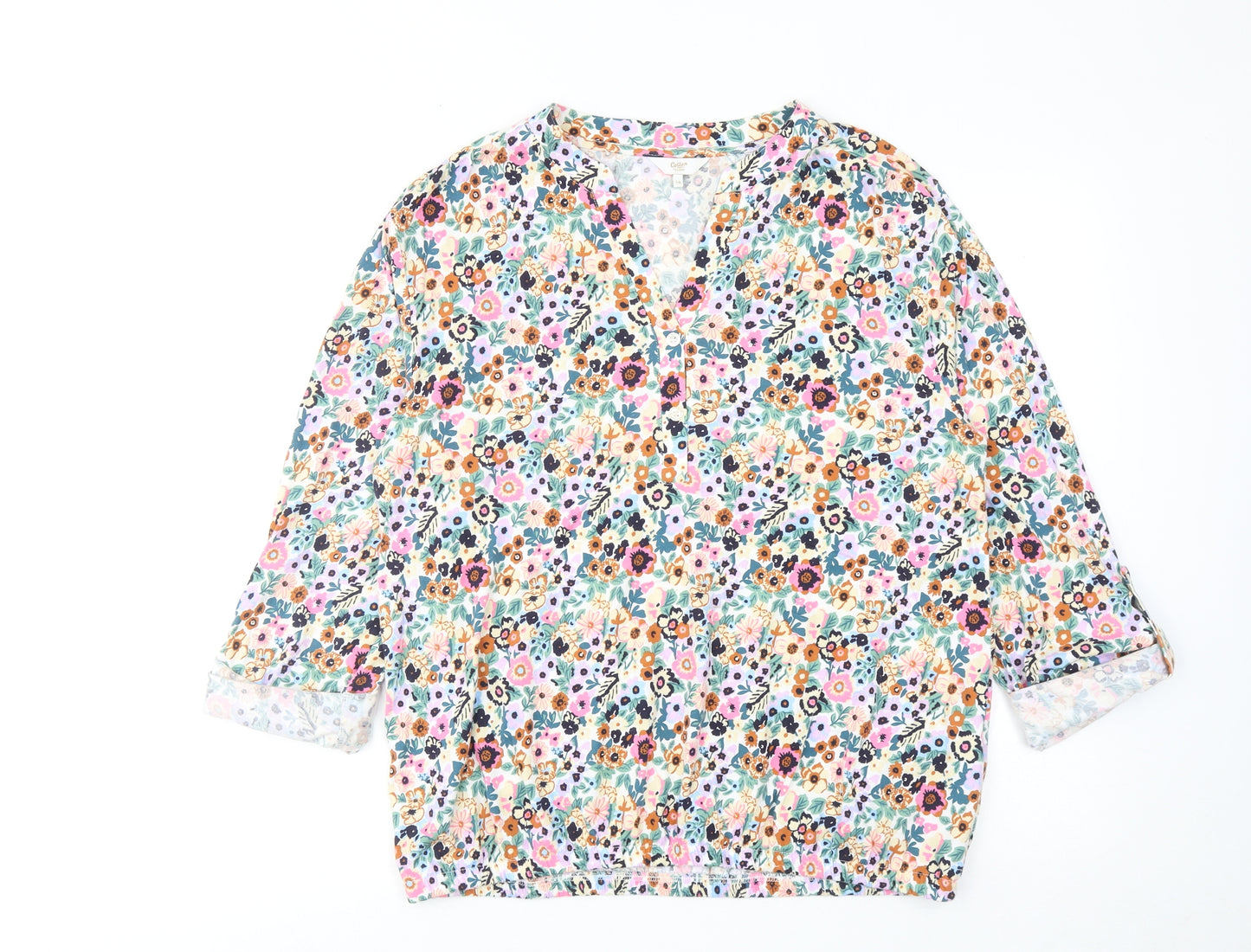 Cotton Traders Womens Multicoloured Floral Cotton Basic T-Shirt Size 14 V-Neck
