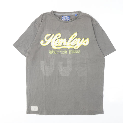 Henleys Mens Grey Cotton T-Shirt Size L Round Neck