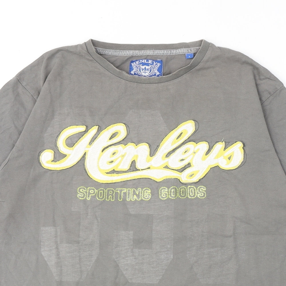Henleys Mens Grey Cotton T-Shirt Size L Round Neck