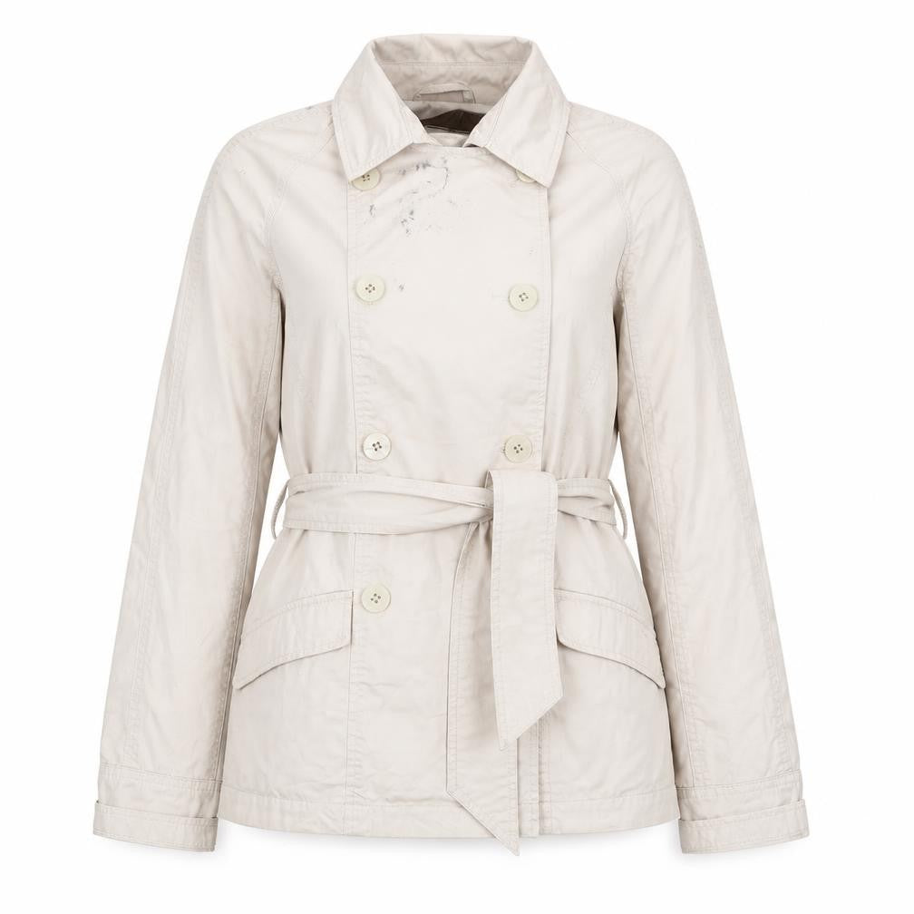Front view of Boohoo women’s beige trench coat coat, size UK 8, button