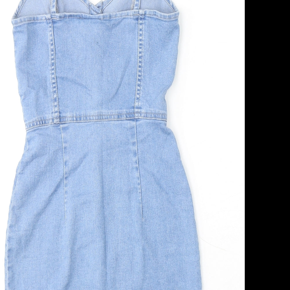 H&M Womens Blue Cotton Mini Size 6 Sweetheart Button