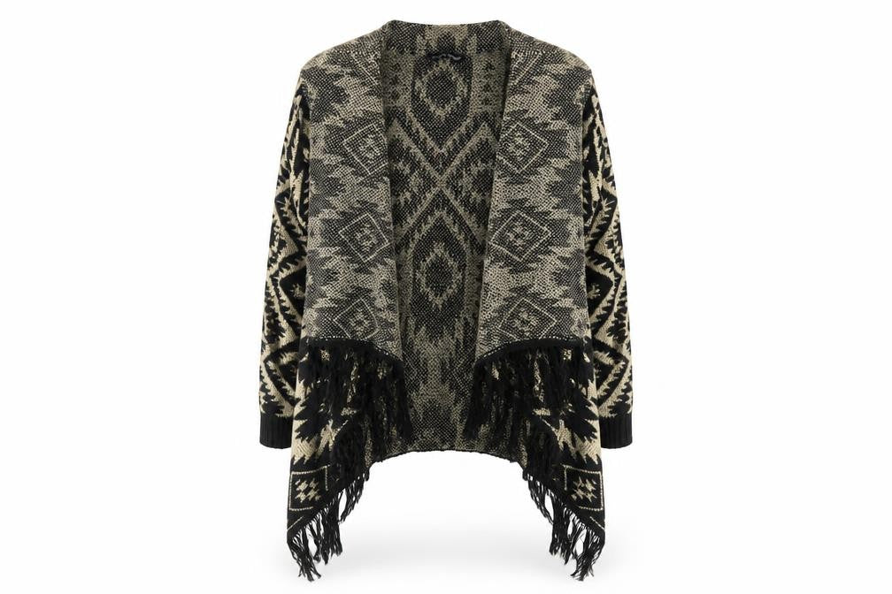 Select Womens Beige V-Neck Geometric Acrylic Cardigan Jumper Size 12