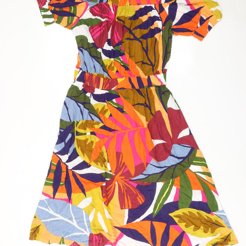 NEXT Womens Multicoloured Geometric Viscose Fit & Flare Size 12 Off the Shoulder Pullover - Leaf Pattern