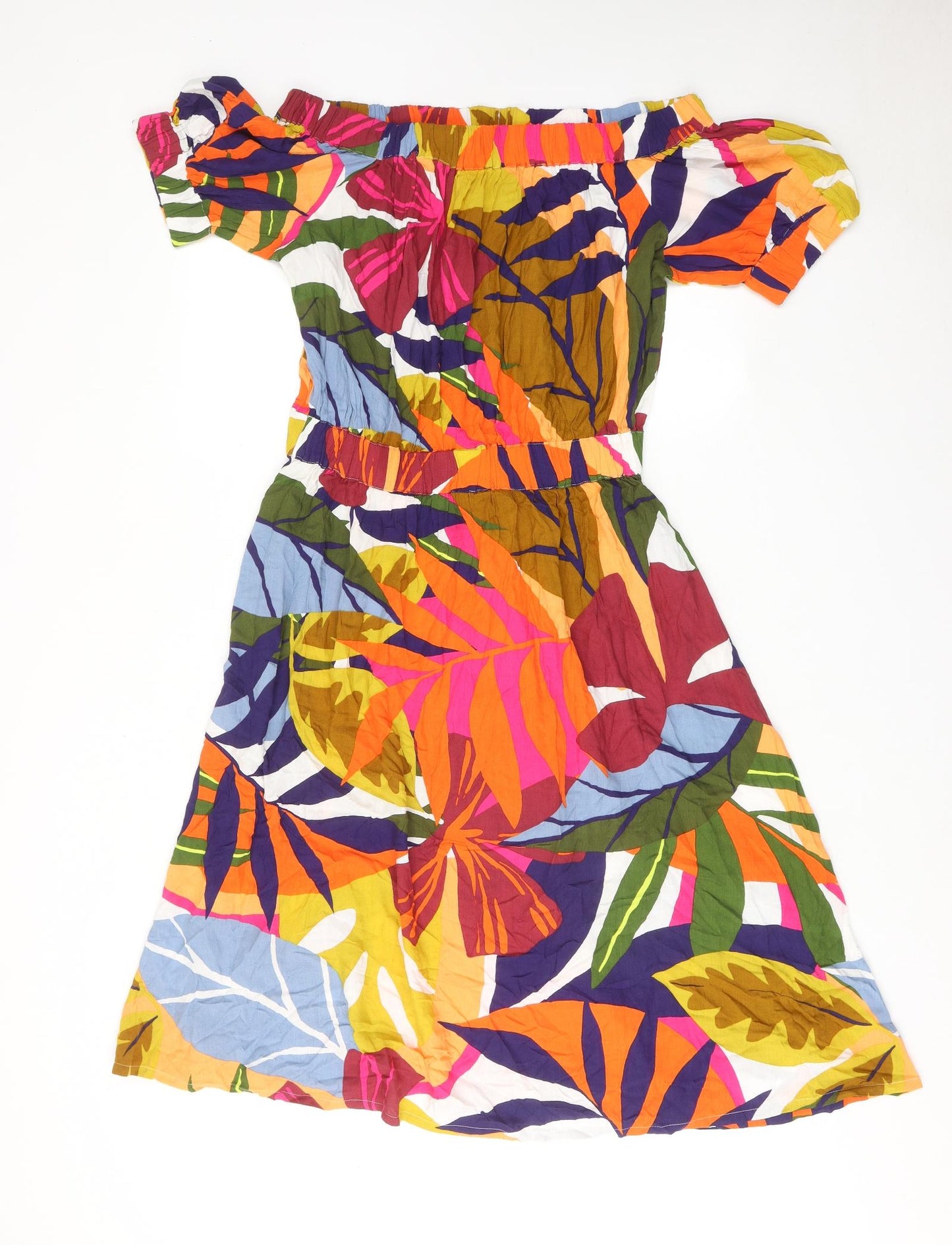 NEXT Womens Multicoloured Geometric Viscose Fit & Flare Size 12 Off the Shoulder Pullover - Leaf Pattern