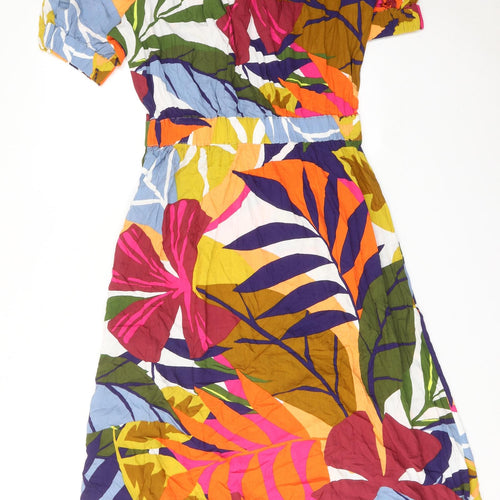 NEXT Womens Multicoloured Geometric Viscose Fit & Flare Size 12 Off the Shoulder Pullover - Leaf Pattern