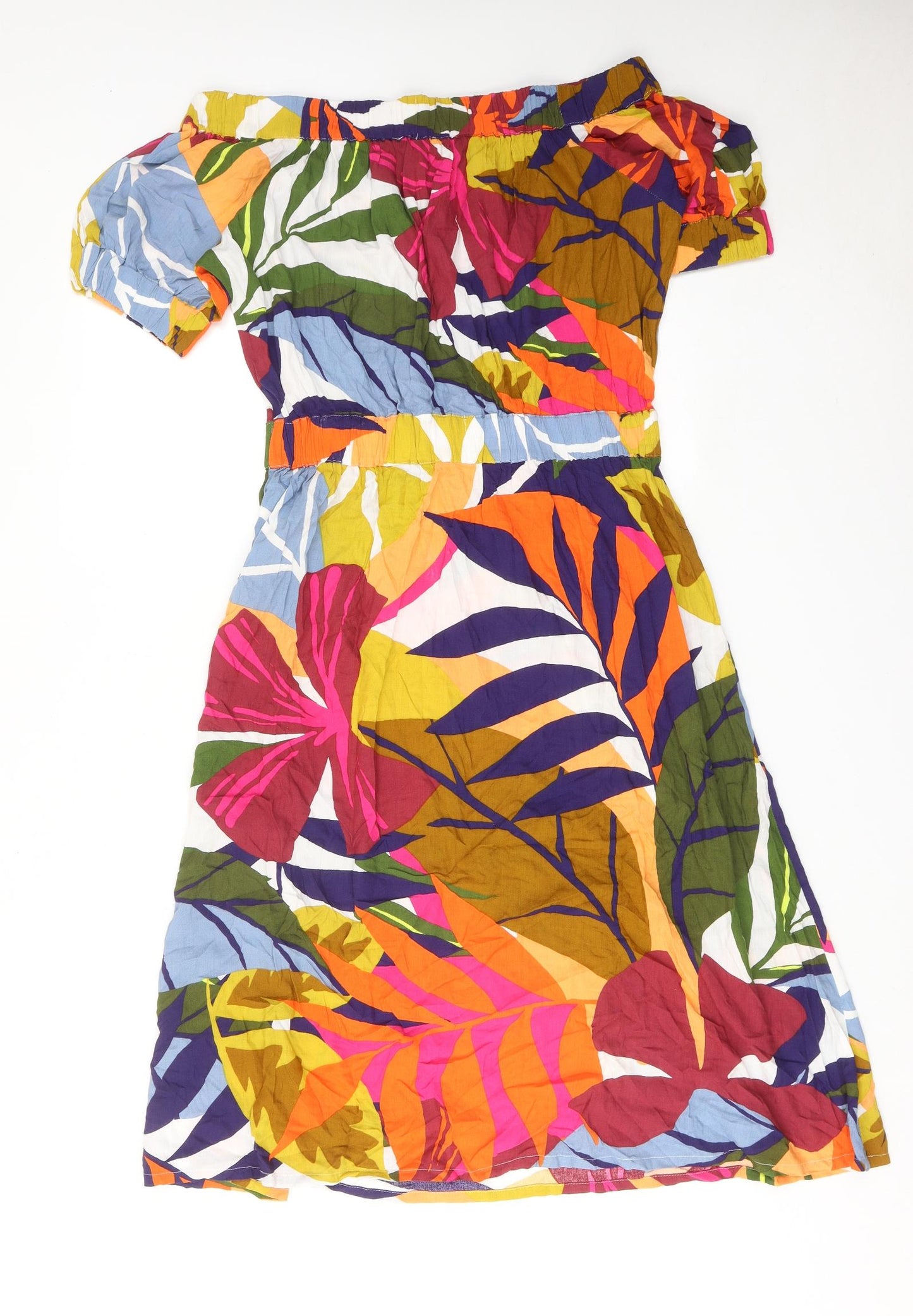 NEXT Womens Multicoloured Geometric Viscose Fit & Flare Size 12 Off the Shoulder Pullover - Leaf Pattern