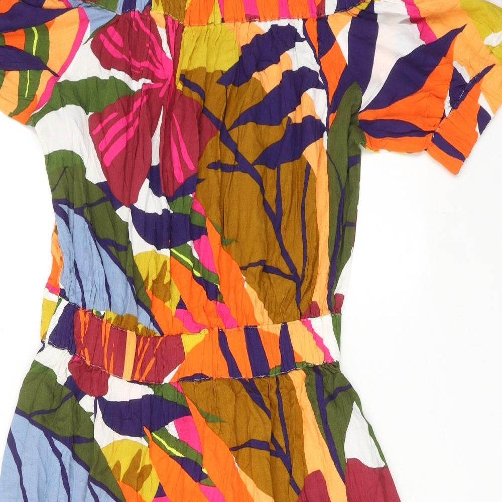 NEXT Womens Multicoloured Geometric Viscose Fit & Flare Size 12 Off the Shoulder Pullover - Leaf Pattern