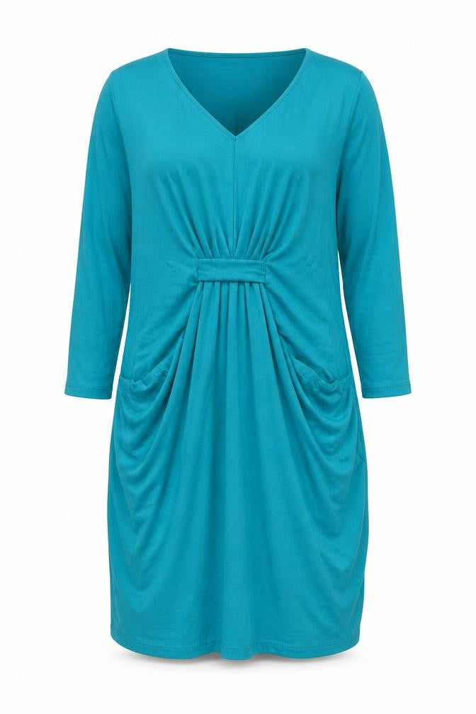 Front view of Marks & Spencer women’s blue viscose a-line, size UK 12, v-neck pullover