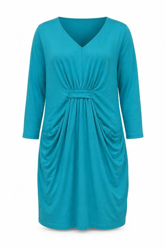 Front view of Marks & Spencer women’s blue viscose a-line, size UK 12, v-neck pullover