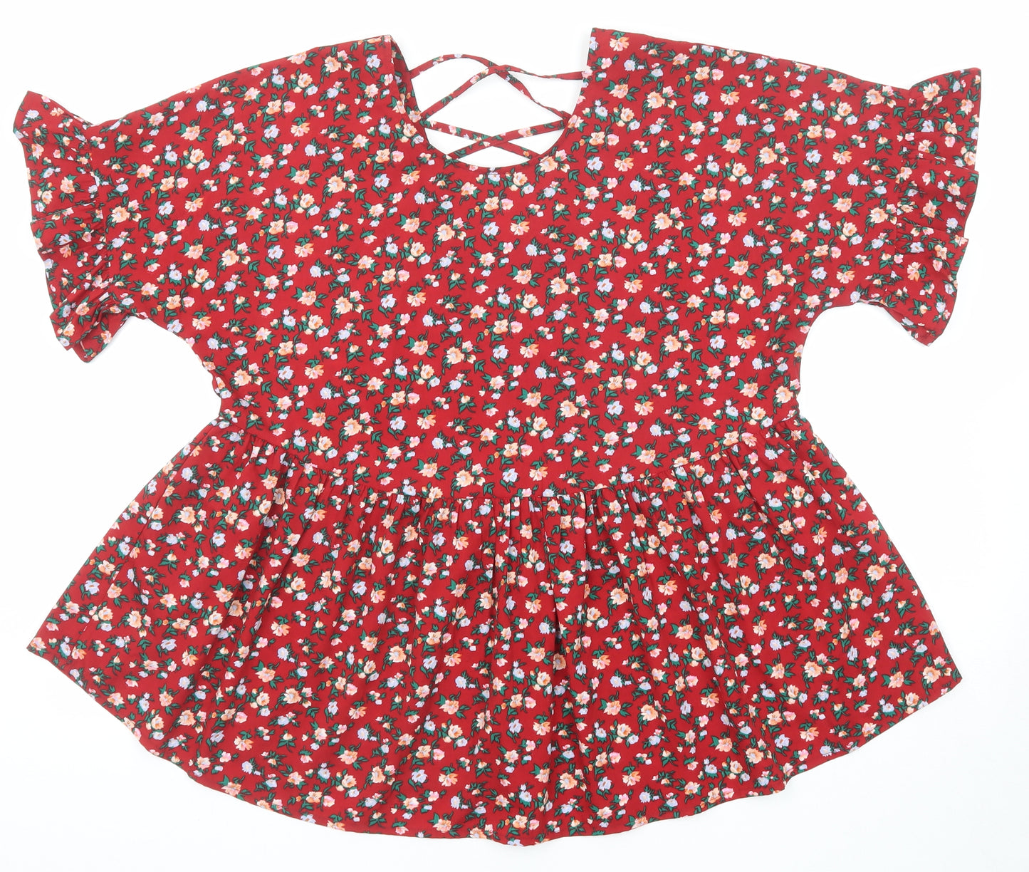 Boohoo Womens Red Floral Polyester Basic Blouse Size 12 Round Neck