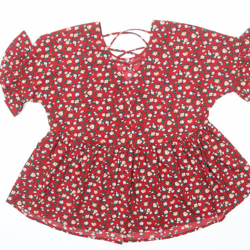 Boohoo Womens Red Floral Polyester Basic Blouse Size 12 Round Neck