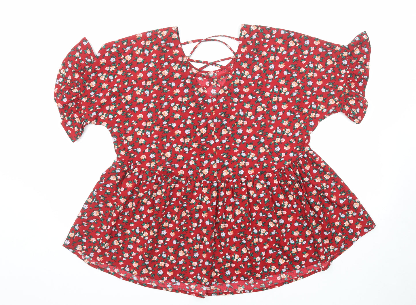 Boohoo Womens Red Floral Polyester Basic Blouse Size 12 Round Neck