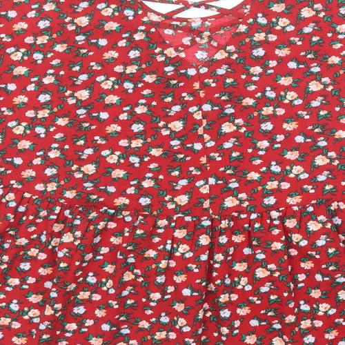 Boohoo Womens Red Floral Polyester Basic Blouse Size 12 Round Neck