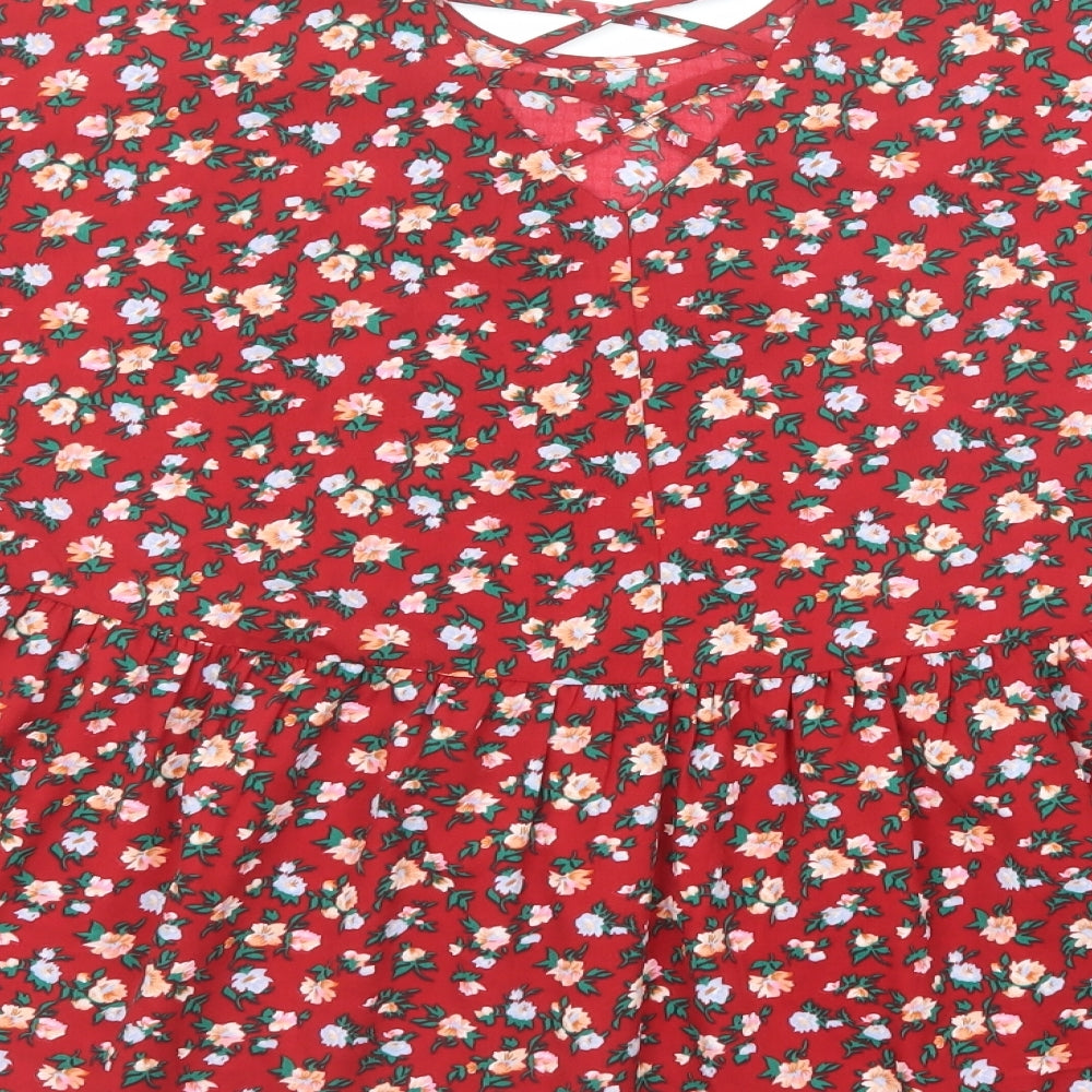 Boohoo Womens Red Floral Polyester Basic Blouse Size 12 Round Neck