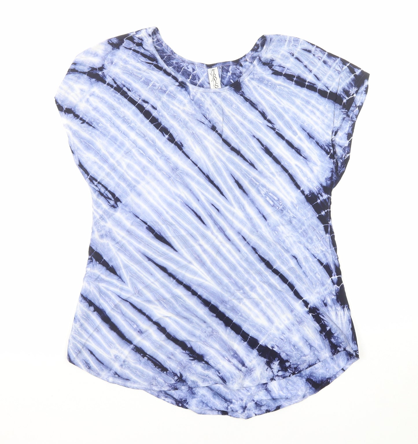 Tryst Womens Blue Geometric Viscose Basic Blouse Size S Round Neck