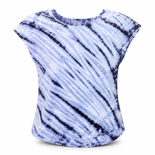 Front view of Tryst women’s blue geometric viscose basic blouse, size S, round neck