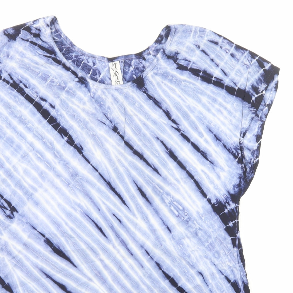 Tryst Womens Blue Geometric Viscose Basic Blouse Size S Round Neck