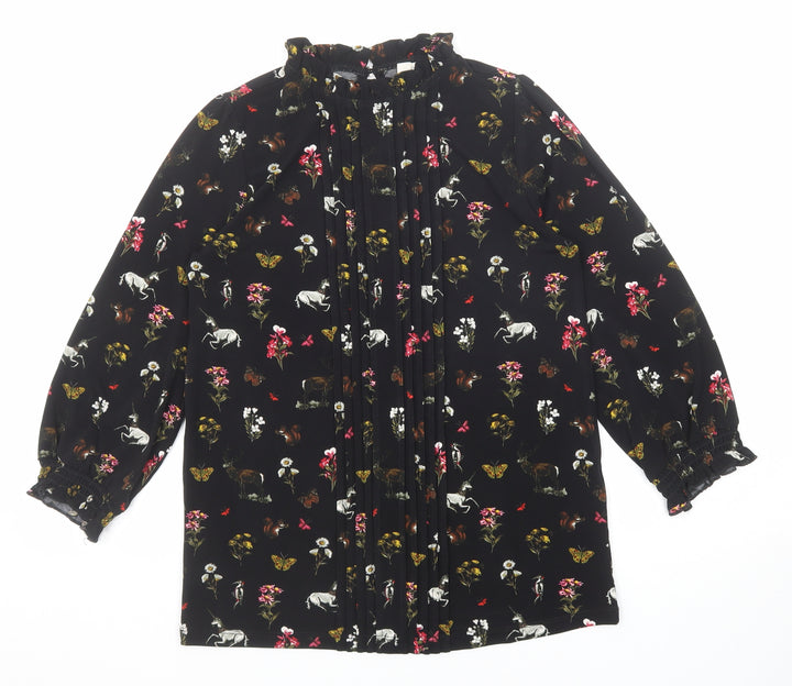 Oasis Womens Black Geometric Polyester Basic Blouse Size XS Round Neck - Flowers and Unicorn Print