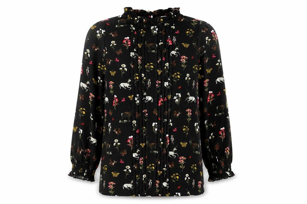 Front view of Oasis women’s black geometric polyester basic blouse, size XS, round neck - flowers and unicorn print